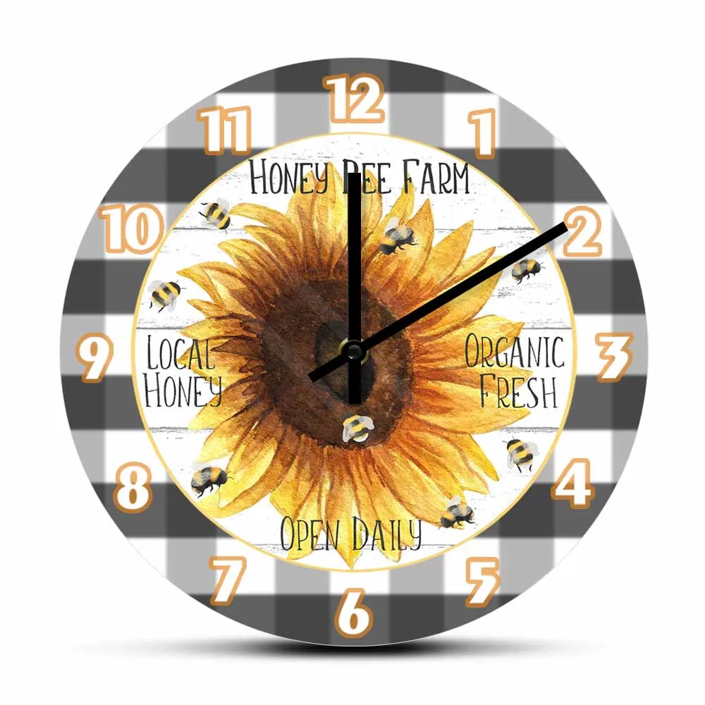 

Sunflower And Bees Decorative Silent Wall Clock For Farm House And Honey Bee Farm Organic Fresh Open Daily Wildflower Wall Watch