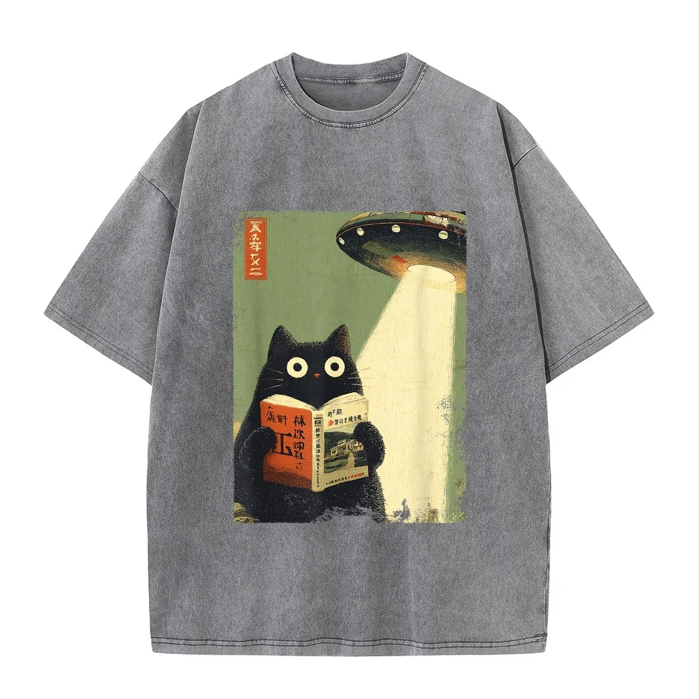 Vintage Japanese Cat Book Lovers UFO Alien Abduction Dad T-Shirt Ropa Y2k Hombre 남자 T Shirt Homme Coton 100% Graphic Tee Pet
