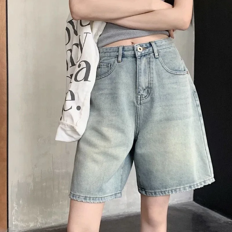 Vintage High Waist Denim Shorts Women Y2K High Street Fashion Light Blue Short Jeans Summer All Match Distressed Straight Shorts