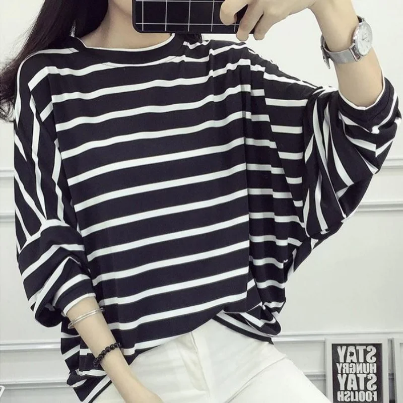 Street Casual Striped Loose T Shirts Spring New O-Neck Long Sleeve Plus Size Youth Office Tops Vintage Casual Women Clothing