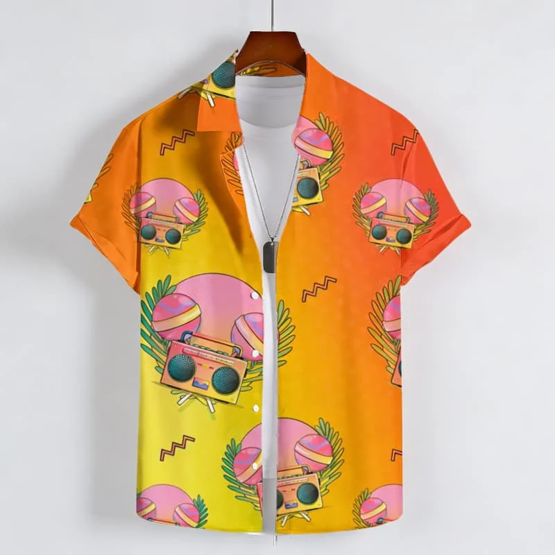 

Minimal Dandy Vintage Radio Print Short Sleeve Shirt Sleek Polished Casual Outfit Wear For Summer Beach And Poolside Style