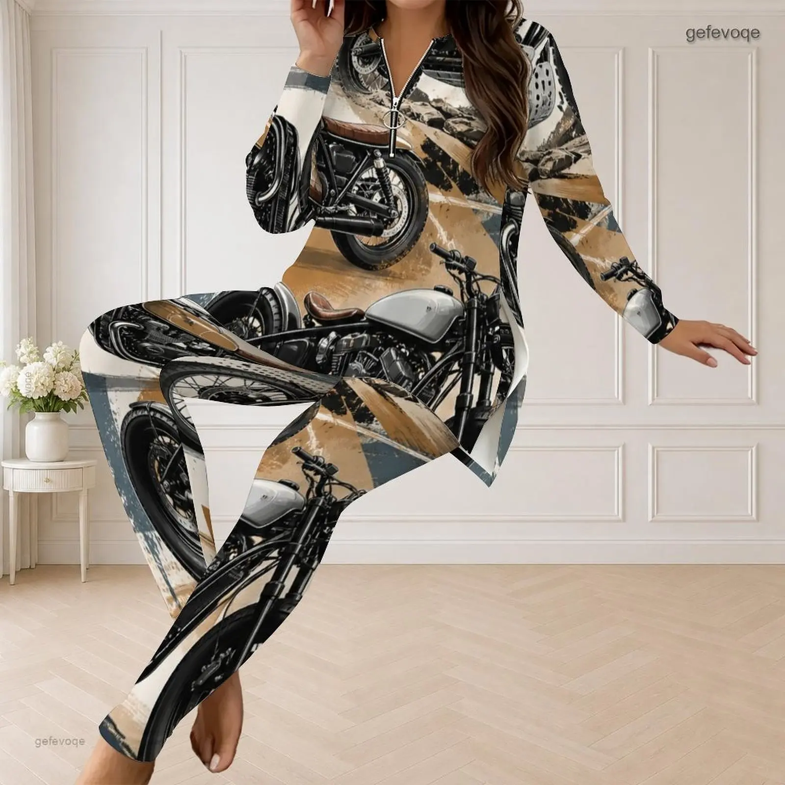Fall Graphic Print Plus Size Sets Women V Neck Retro Vintage Motorcycle Biker Plus Size Clothes Womens Clothing For