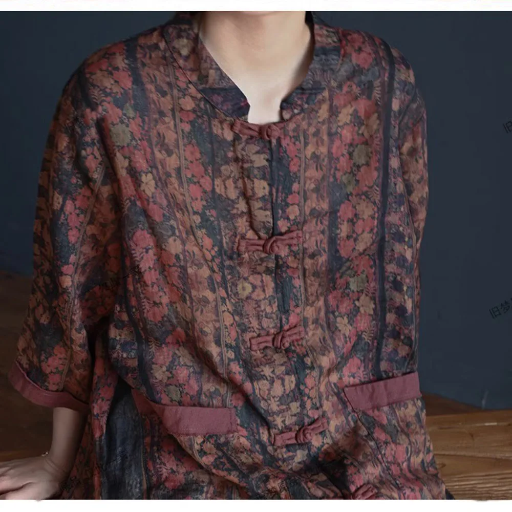 예술적 복고풍 얇은 라미 인쇄 중간 길이 셔츠 여성 중국 민족 스타일 개구리 단추 레저 태양 보호 탑 포켓