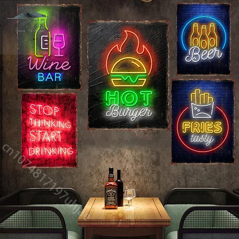 Neon Food Popcorn Neon Food Sign Poster Metal Tin Sign for Club Bar Decor Aesthetics Wall Decorative Plaque Decoration Painting view 2