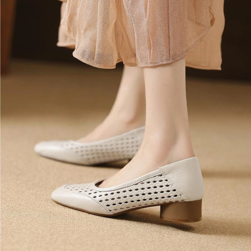 2026 New Fashion Women's Summer Design Temperament Hollow High Heel Shoes Leather Square Head Shallow Mouth Shoes Zapatos Mujer view 5