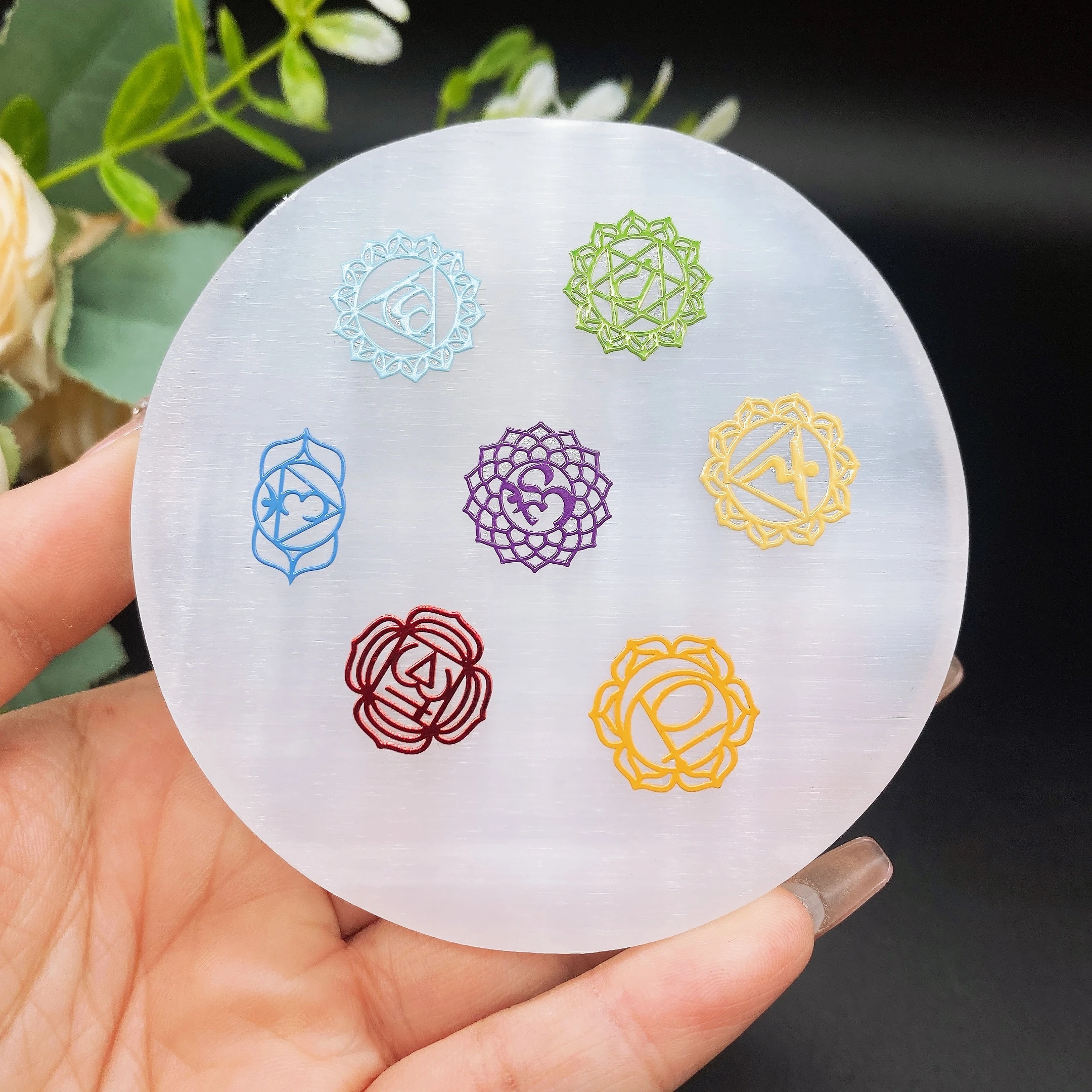 8CM Natural Selenite Slice Slab Crystal Stone White Gypsum Round Chakra Charging Plate For Cleansing Yoga Meditation Home Decor