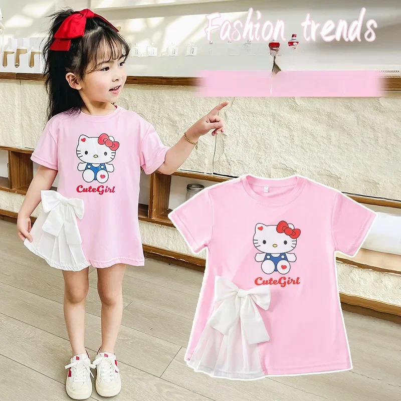 Summer Child Girls Hello Kitty Shirt Dresses Short Sleeve Tee Tops Children Baby Casual Cute Mini Short Dress Clothes Dropship