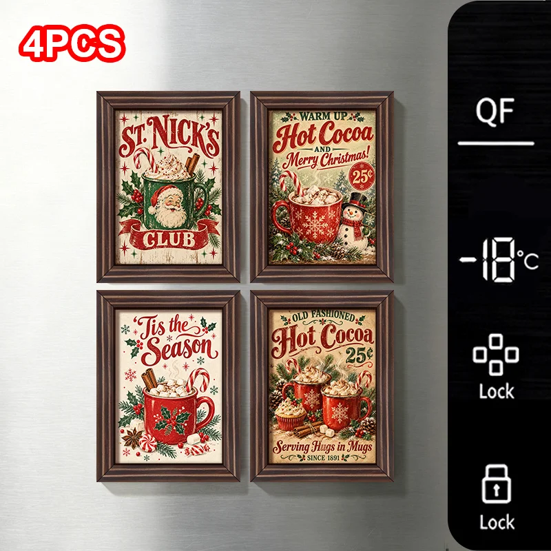 4Pcs Christmas Hot Cocoa Wooden Fridge Magnets, Rustic Marshmallow Mug, Candy Cane & Holly Berry Christmas Refrigerator