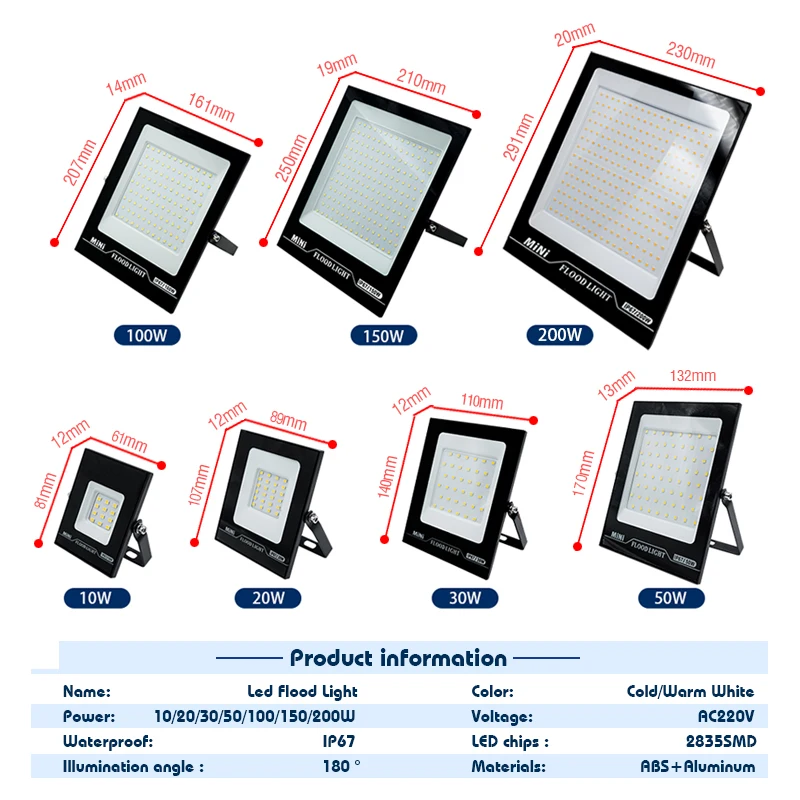 Imagem -02 - Luz de Inundação Impermeável Iluminação Exterior Holofotes de Rua Holofotes de Parede Ip67 220v 10w 20w 30w 50w 100w 150w 200w