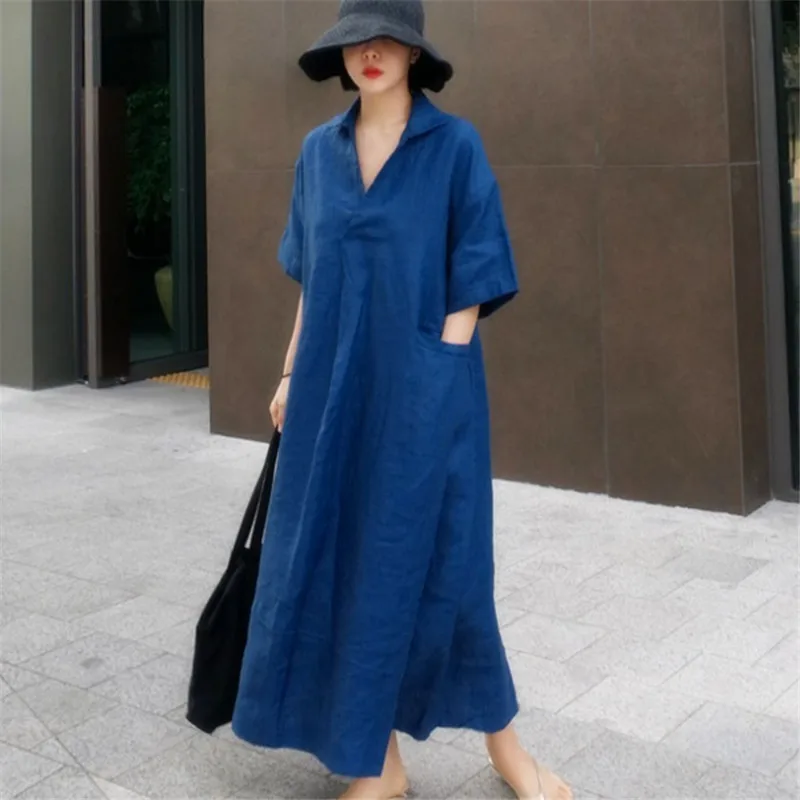 New 2023 Female Fashion Half Sleeves V Neck Solid Color Cotton Linen Elegance Splicing Regular Loose Dresses Office Lady