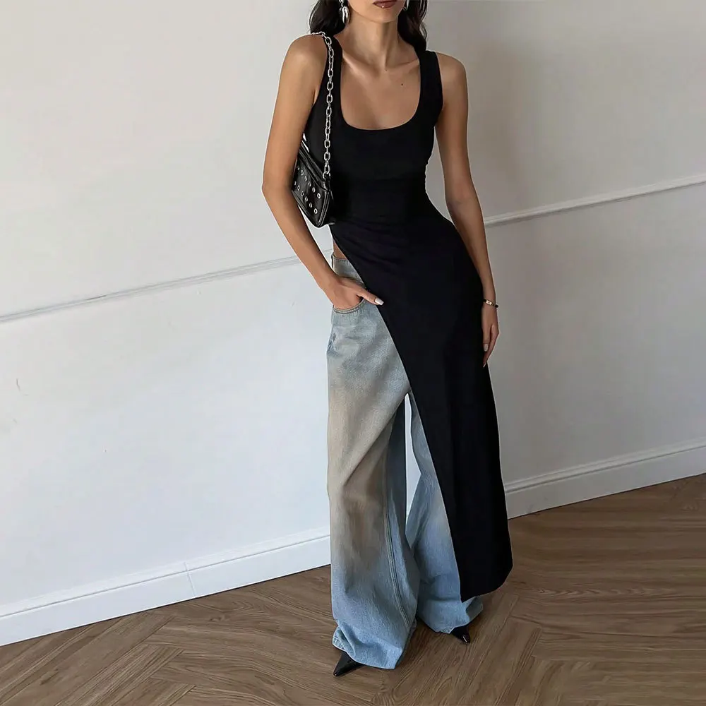 

Women's Sexy Unique Design Extended-length T-shirt Spring and Summer New Style Slim Fit U-neck Elegant Top