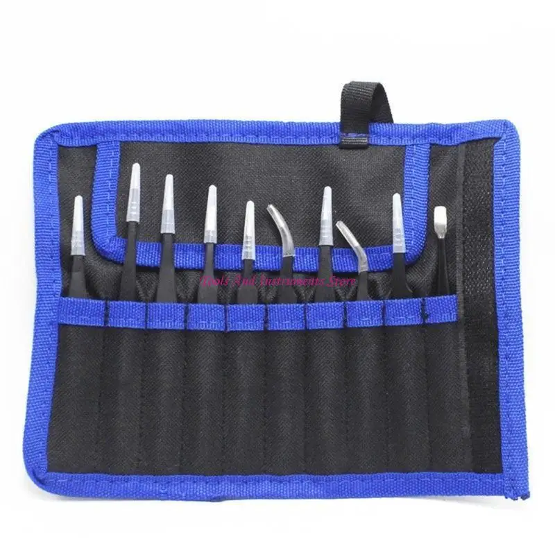 10/11 Piece Stainless Steel Industrial Tweezers Set for Precisions Tasks with Nonslip Handle and Canvas Storage Bag C7AC