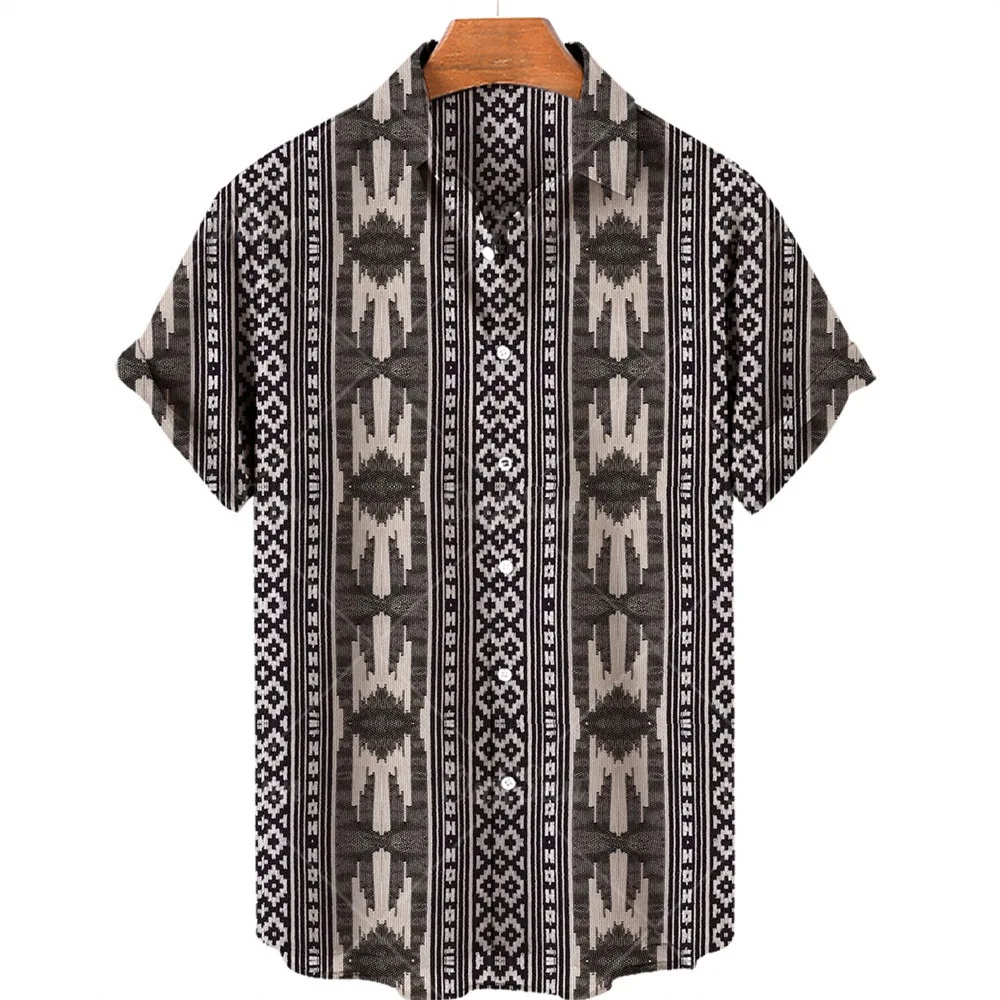 

New Men's Ethnic Style Printed Short-sleeved Hawaiian Shirt Roll Sleeve Beach Lapel Breathable Loose Top High Street Spring Wear