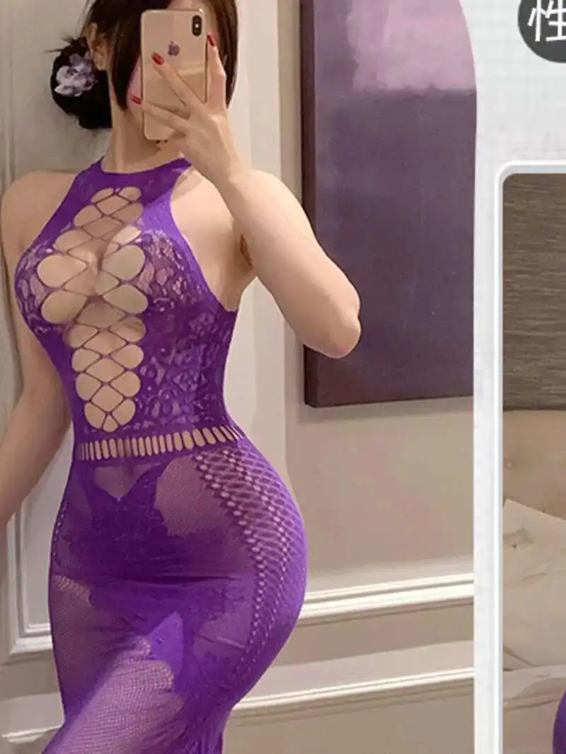 ชุดชั้นในใหม่เซ็กซี่สีม่วง Hollow ตาข่าย Pure ชุดนอนชุดผู้หญิงแน่นเสื้อผ้า Elegant ตาข่ายลูกไม้ Sheer หวานผู้หญิง 9DN0