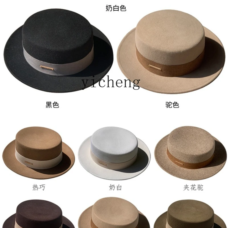 YY Autumn and Winter Flat Top Woolen Bowler Hat Female Flat Brim Small Brim British Big Head Circumference