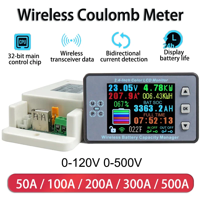 

Многофункциональный беспроводной кулонометр 2,4 дюйма, 120 В/500 В, 50/100/200/300/500 А, беспроводной тестер емкости аккумулятора, амперметр, вольтметр