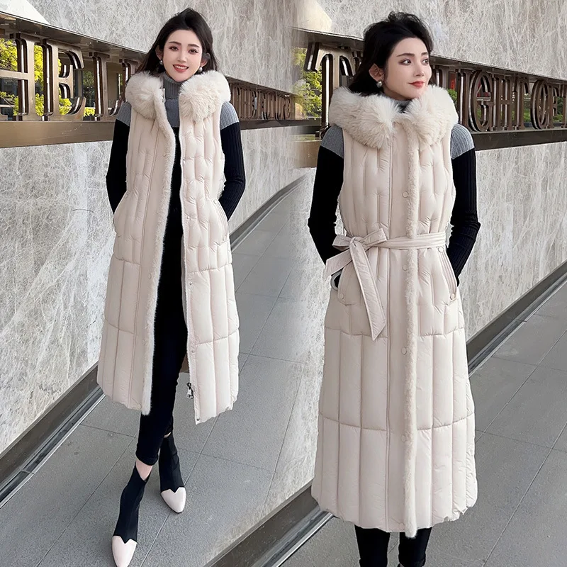 

Thicken Long Down Cotton Vest Women Outerwear New Fashion Imitation Wool Collar Belt Sleeveless Hooded Jacket Female Waistcoat