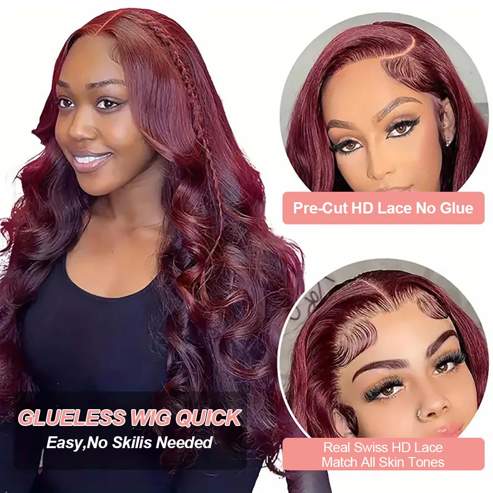 99j Merah Marun 13X6 Rambut Manusia Renda Depan Kepadatan 250 Gelombang Tubuh 7X5 13X4 Wig Tanpa Lem 40 Inci Berwarna Merah Siap Dipakai untuk Wanita