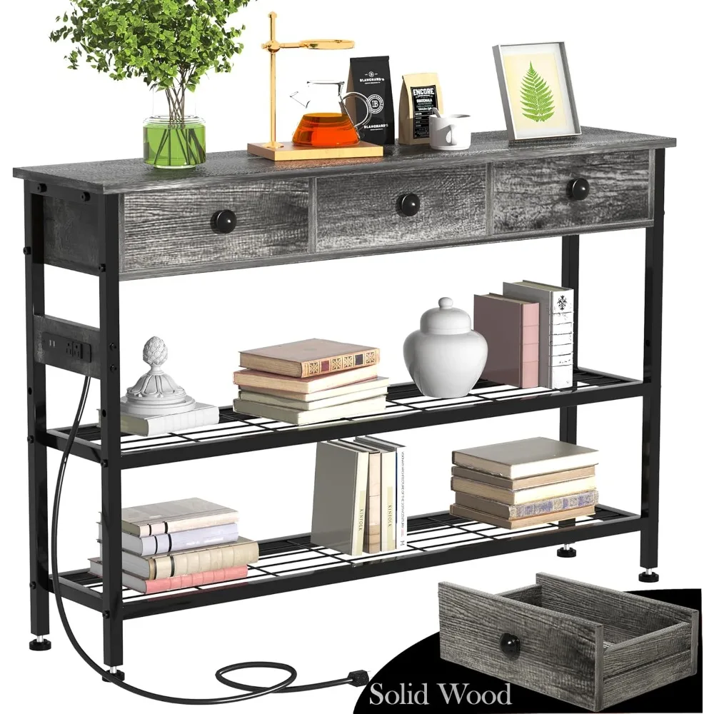 

47 Console Table with Outlets & USB Ports – Narrow Entryway Table with 3 Drawers and Storage Shelves, Power Strip Sofa Ta