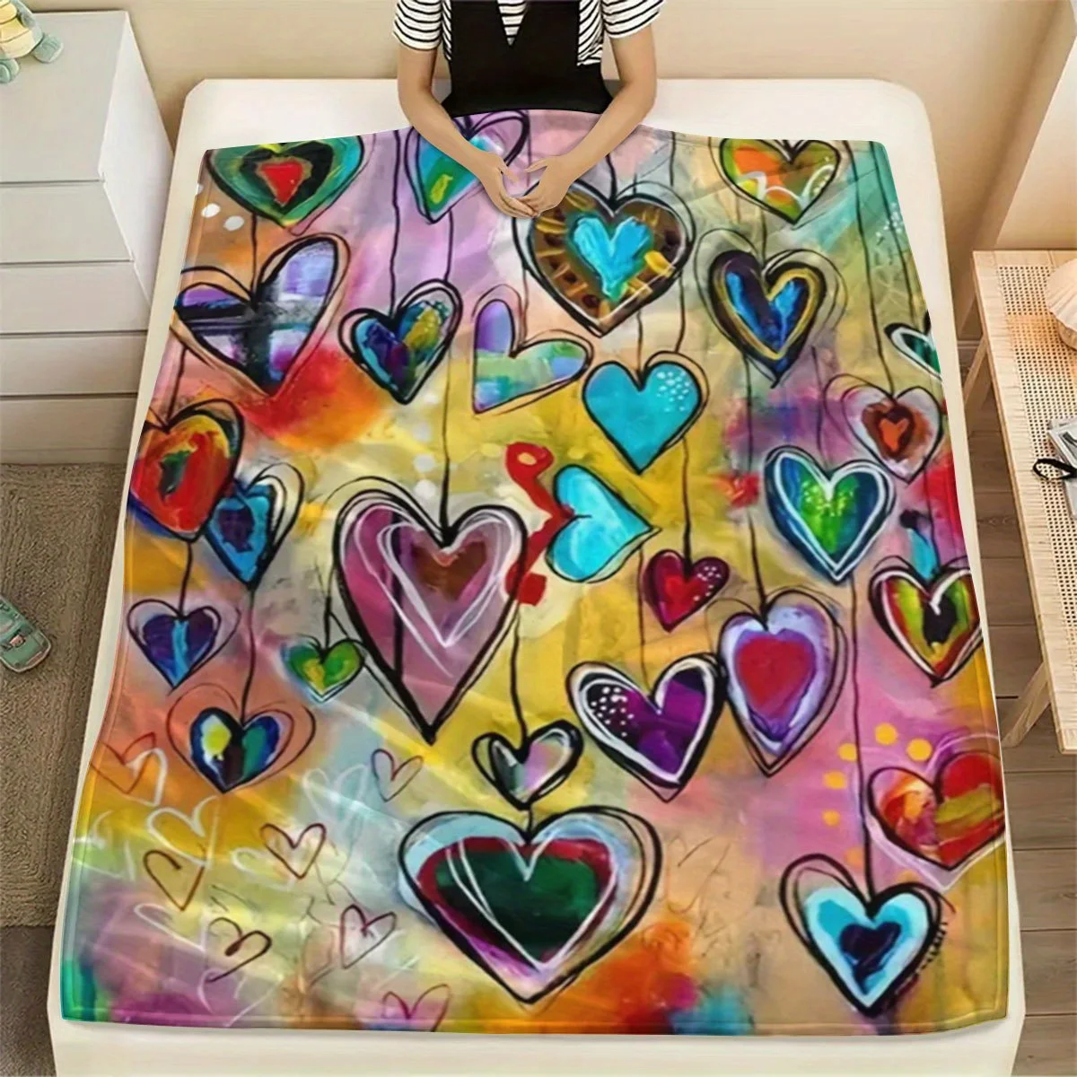 Abstract Art Multicolor Graffiti Love Hearts Vibrant Painting Style Pattern Flannel Blanket Warm Cozy Printed Throw Blanket