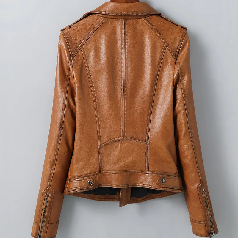 Veste de moto en cuir véritable pour femme, manteau en peau de mouton, coupe couvertes, revers court imbibé, nouveau