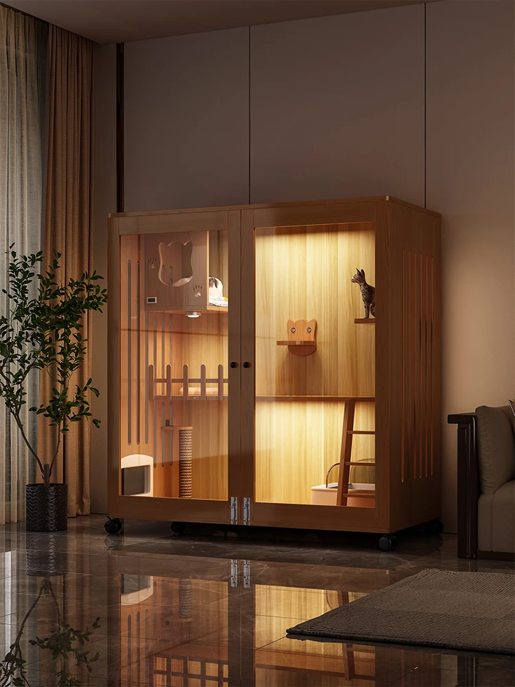 Villa para gatos de madera maciza, casa para gatos interior, cistería de lujo de dos pisos