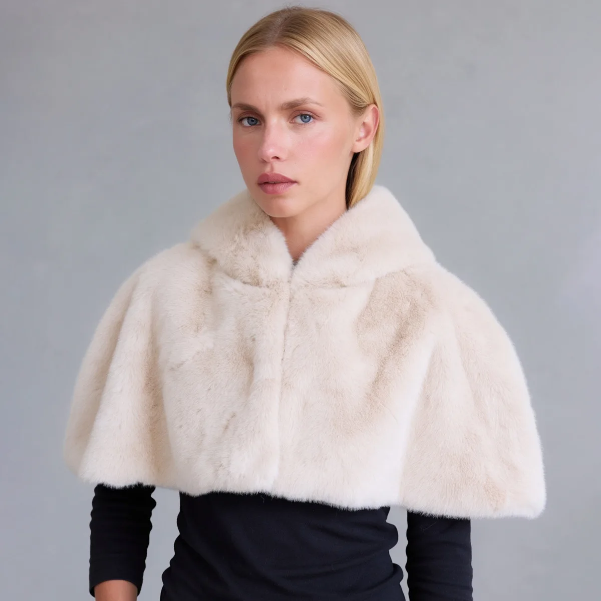 IG Women Cream White Hooded Faux Fur Capelet Cropped Short Shoulder Wrap, Winter Warm Elegant Bridal Evening  Layering Outerwear