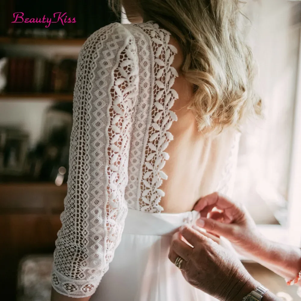 3/4 كم فستان الزفاف الشيفون للعرائس 2026 الدانتيل عارية الذراعين بوهو أنيقة زي العرائس البوهيمي رداء حفلات الزفاف