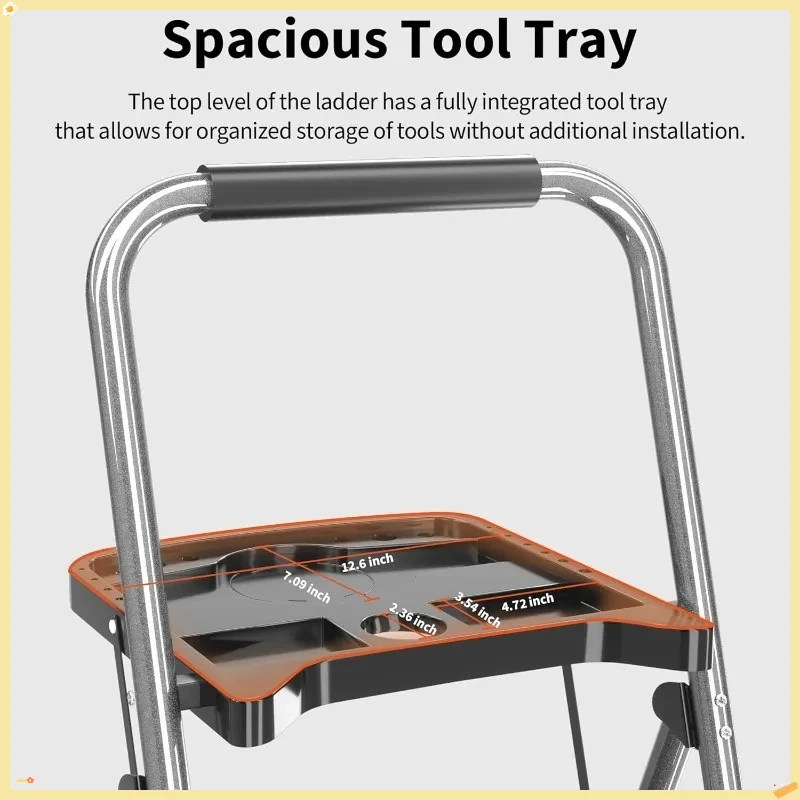 سلم عالي التحمل بـ 600 رطل بثلاث خطوات، سلم منصة أدوات مضاد للانزلاق، مقعد فولاذي رمادي للمنزل/المكتب/ورشة العمل