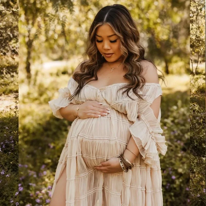 Layered Maternity Gown - 3D Hydrangea Chiffon Photo Dress - Breathable Pregnancy Shoots Photographie de vêtements de maternité