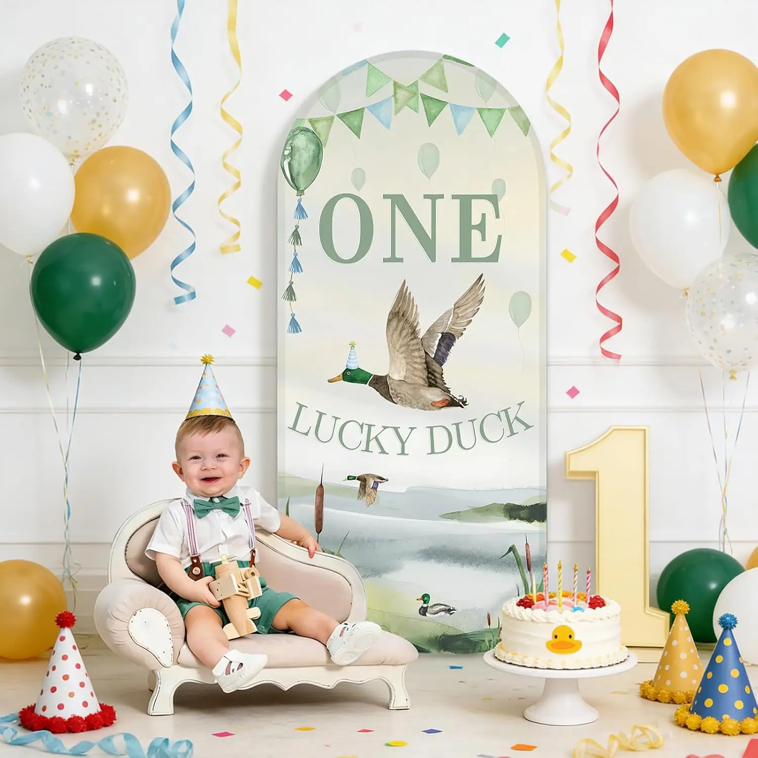 Fondo de cumpleaños personalizado de doble cara con temática de caza de patos para el primer cumpleaños de Wild Lucky Duck, Banner de fondo para fiesta, Accesorios para cubrir el arco Chiara