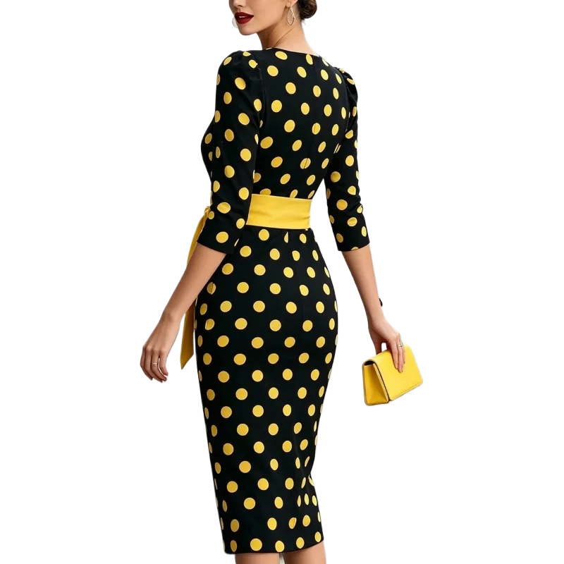 Women Polka Dot Bodycon Midi Dress 3/4 Puff Sleeve Boat Neck Contrast White Tie Waist Slim Pencil Formal Wedding Guest Dresses