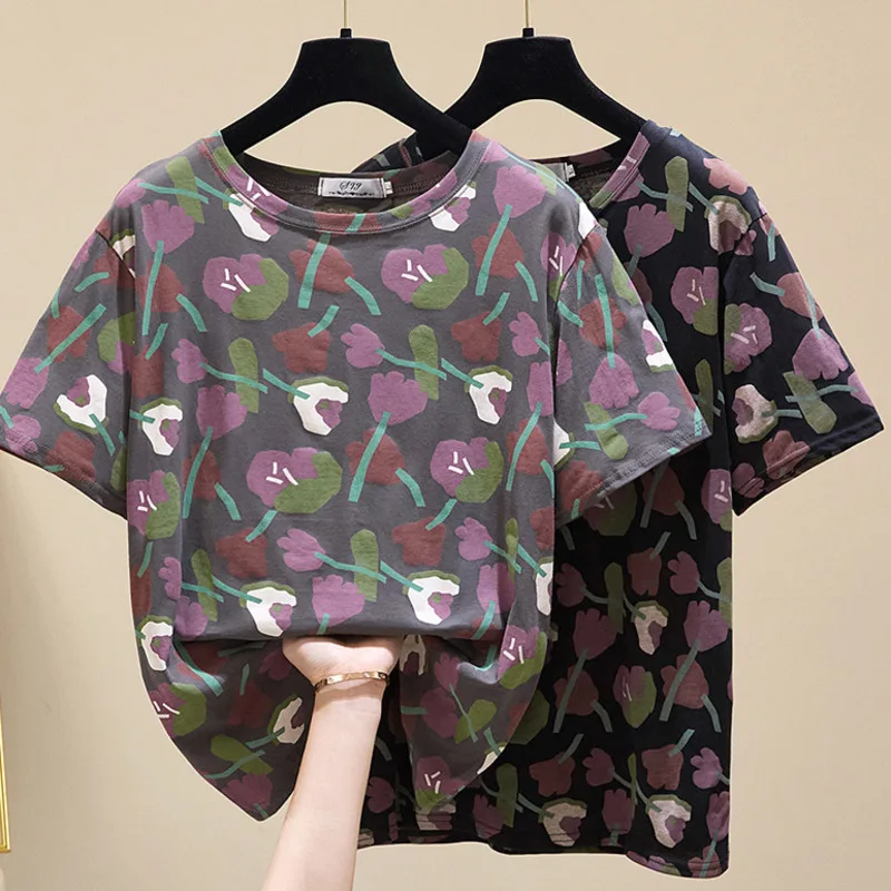 

Flower Plants Printed T-shirt Women Summer Fashion 200G T-shirt Short Sleeved Top Loose O-neck Oversize Versatile Top Pullover