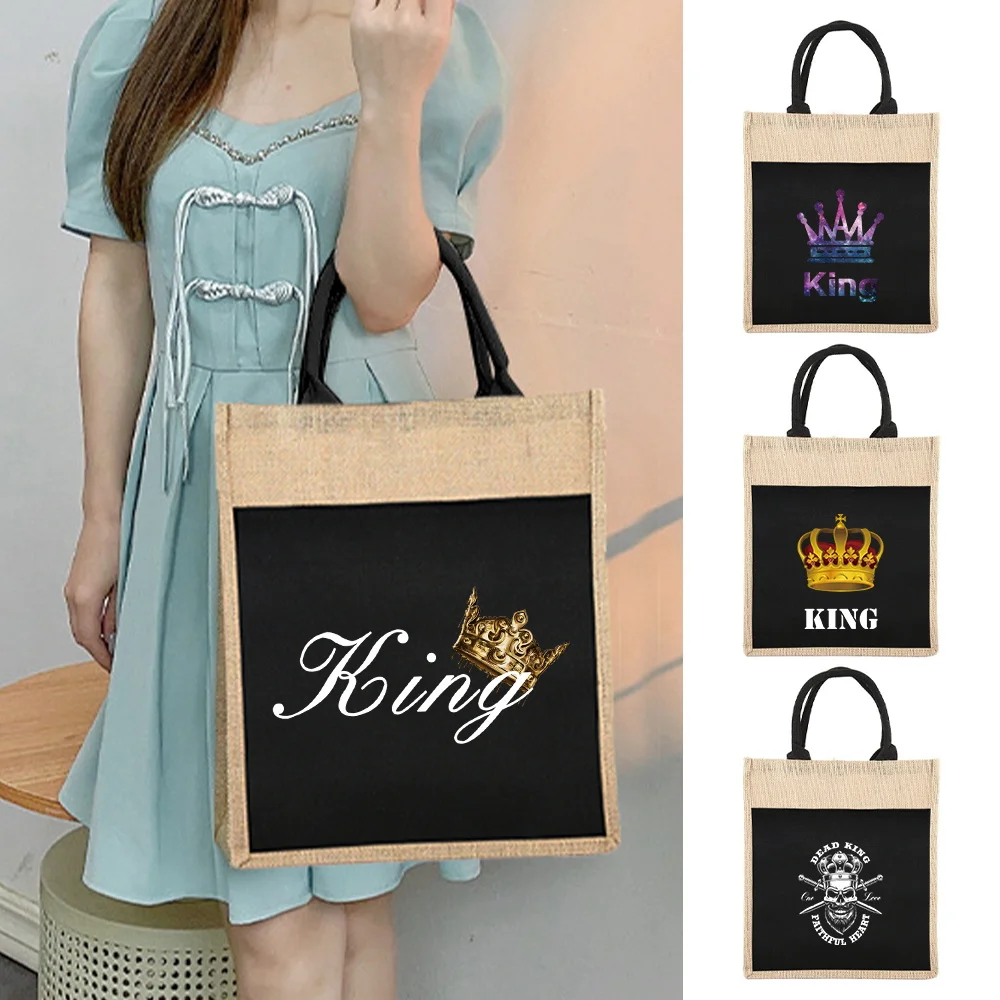 Burlap Shopping Bags Jute Tote Bag Vintage Reusable Grocery Shopping Bags Print King Series Beach Handbags Multifunctional Tote