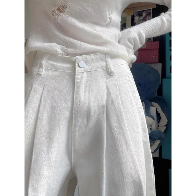 

2025 Hong Kong Style White High Waist Pleated Wide Leg Jeans Women's Summer