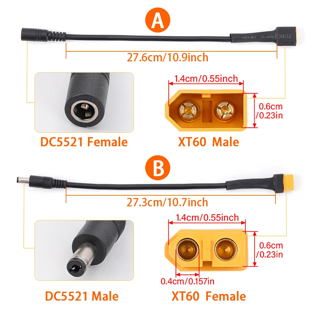 XT60 Male / Female Connector To DC 5.5*2.5 5.5x2.1mm Power Cable Adaptor 5521 5525 For Glasses Battery Charging Adapter Cables