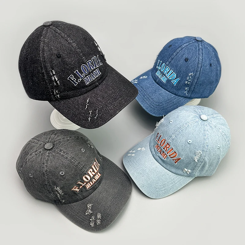 

Retro Letter Embroidery Baseball Hats Denim New Men Woman Broken Style Sunshade Breathable Casual Versatile Fashion Snapback Cap