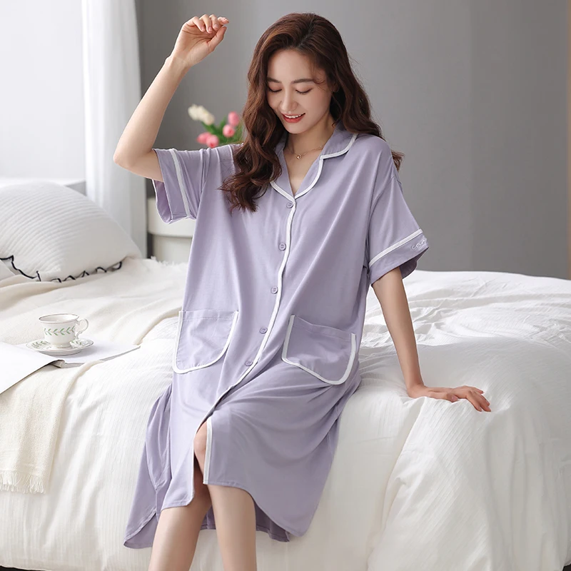 Summer Modal Cardigan Nightgowns Sleepwear Female Sleep Lounge Women Indoor Clothing Casual Long Home Dress Nightdress M-XXXXL