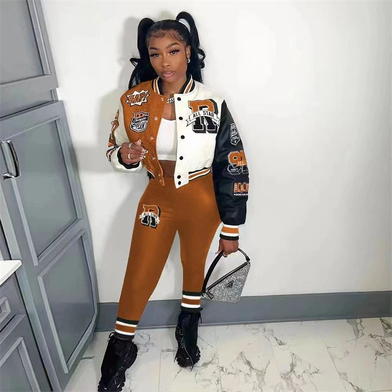 

Color Patchwork Baseball Two Piece Jogging Set Women Letters Print Long Sleeve Cropped Varsity Jacket Top Skinny Pants Tracksuit