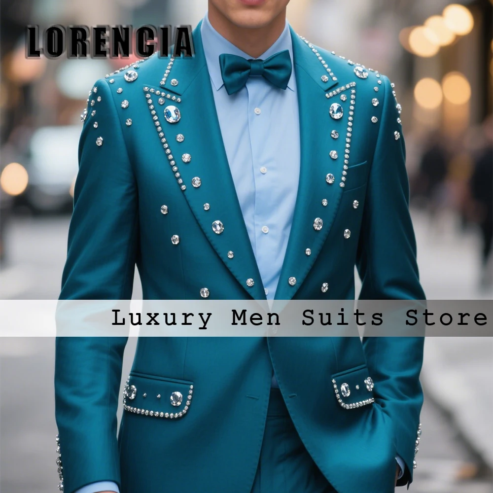 

Luxury Crystal Suits for Men 2 Pieces Sparkling Tuxedos Evening Party Outfits Customized Blazer Pants traje juvenil masculino