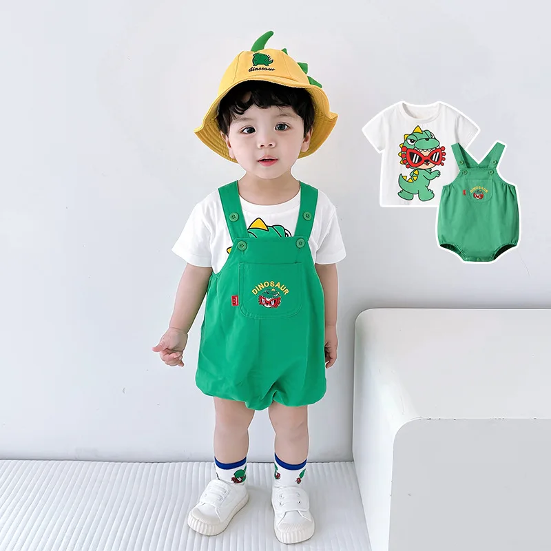 Summer New 0-3 Year Baby Clothes Infant Toddler Baby Overall Pants T-shirt Cartoon Dinosaur Fashion Set 3D Tail Outwear Romper