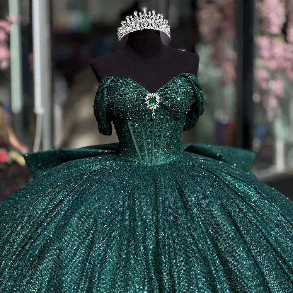 فساتين Charro Quinceanera الخضراء ثوب الكرة قبالة الكتف سباركلي مطرز المكسيكي الحلو 16 فساتين 15 Anos مخصصة #4