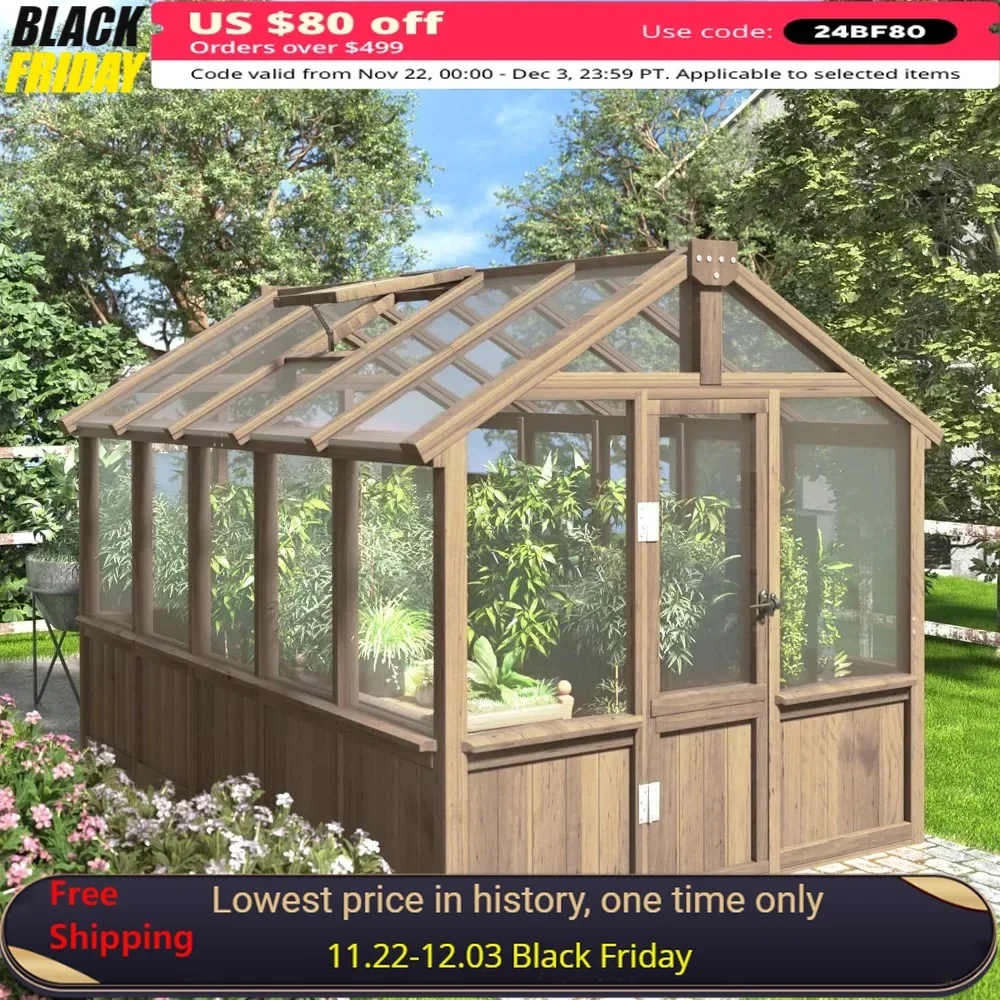 6x10FT Wood Greenhouse with Lockable Door, Cedar Frame, Adjustable Vent, 4-Layer Polycarbonate Panel, Outdoor Greenhouse