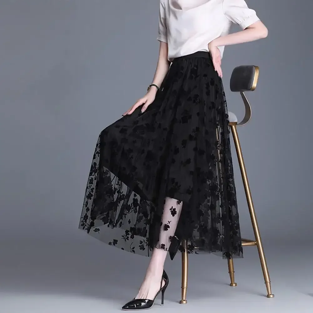 

Versatile Women Skirt Elegant Reversible A-line Skirts for Women High-waisted Embroidered Flocked Flower Print Classic for Wear
