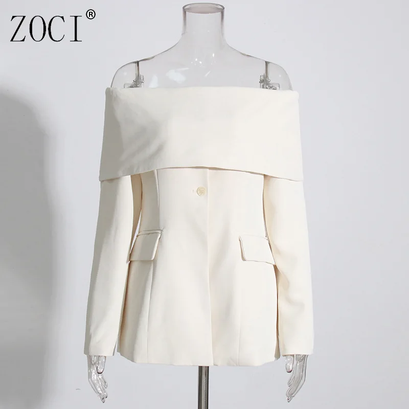 

ZOCI Минималистичный тонкий пиджак для женщин с разрезом на шее и длинными рукавами на плечах, лоскутные пуговицы, однотонные температурные женские пиджаки