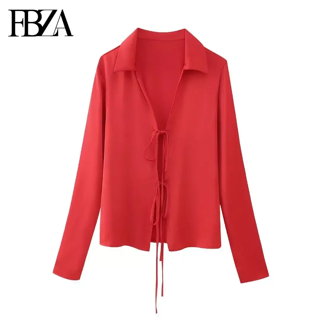 TRAF Women Fashion Spring New 2024 Bow Satin Texture Long Sleeve Lapel Blouse Street Clothing Shirt Chic Ladies Tops Mujer