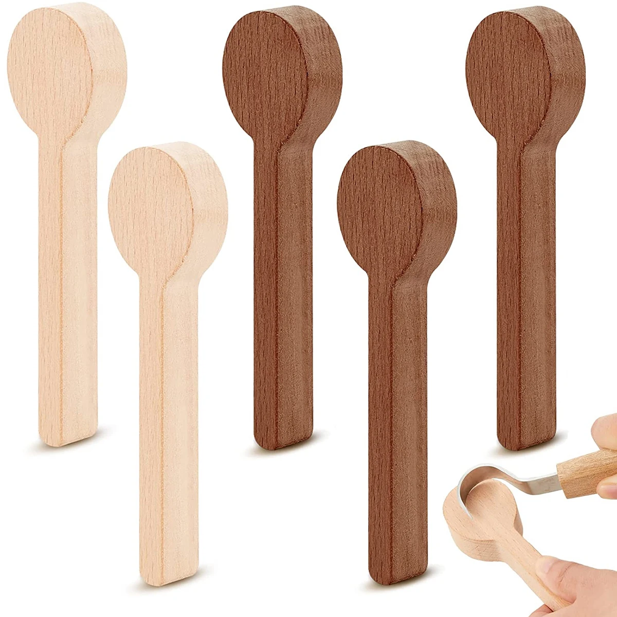 5Pcs Wood Carving Spoon Blank Kit Beech and Walnut Unfinished Wooden Spoon Portable Wood Carving Block Wooden Whittling Art