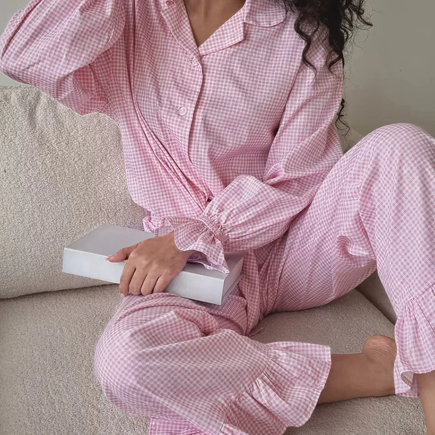 Autumn Winter Sweet Pink Plaid Cardigan Pajamas Long-sleeved Long Pants Ruffled Pajamas Sleepwear 2PCS Home Clothes For Women