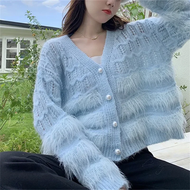 Tassel Knitted Sweater Fairy Elegant Slim Cardigans for Women Autumn Hollowed Out Pearls Button Loose V-Neck Jacket  Knitwear