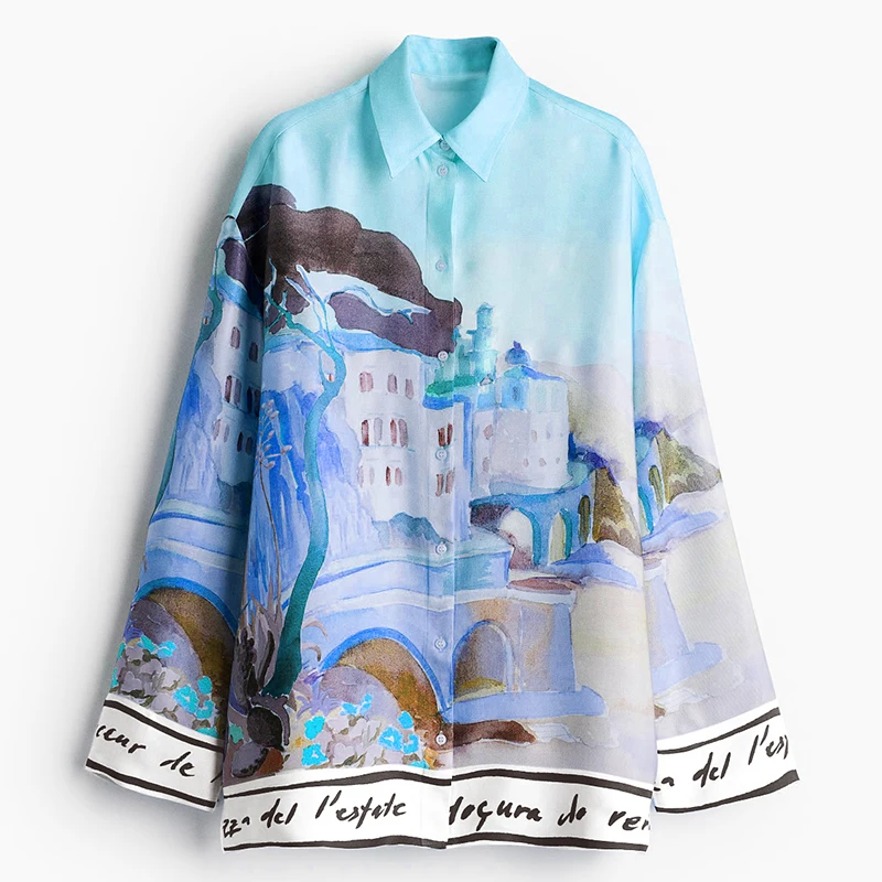 Blusa holgada informal de manga larga para vacaciones para mujer, Tops con botones estampados a la moda de primavera 2025, camisa elegante con cuello de solapa para la playa